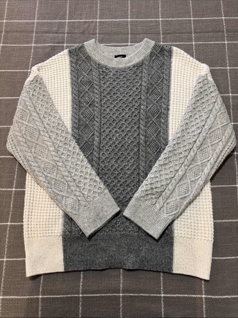 Express Men's Two-Tone Grey & Cream Cable Crewneck Sweater
